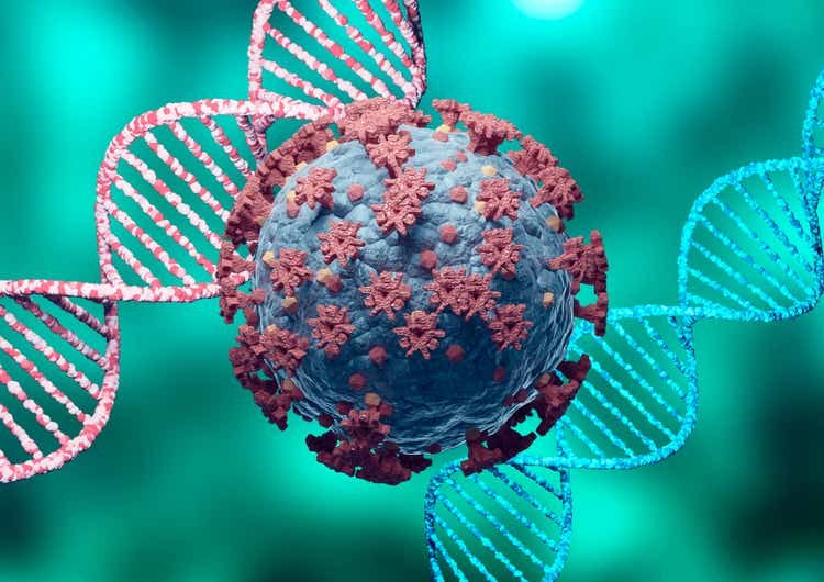 Coronavirus and DNA, virus mutation. New variant and strain of SARS CoV 2. Microscopic view.