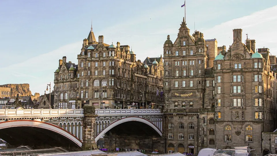 EDINBURGH, SCOTLAND - Nov 18, 2012: Views of the North Bridge and the Old Town from Waverley Station
