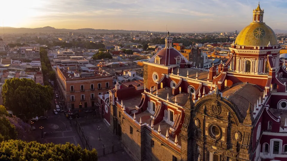 Puebla downtown taken in sunrise time with drone, Mexico