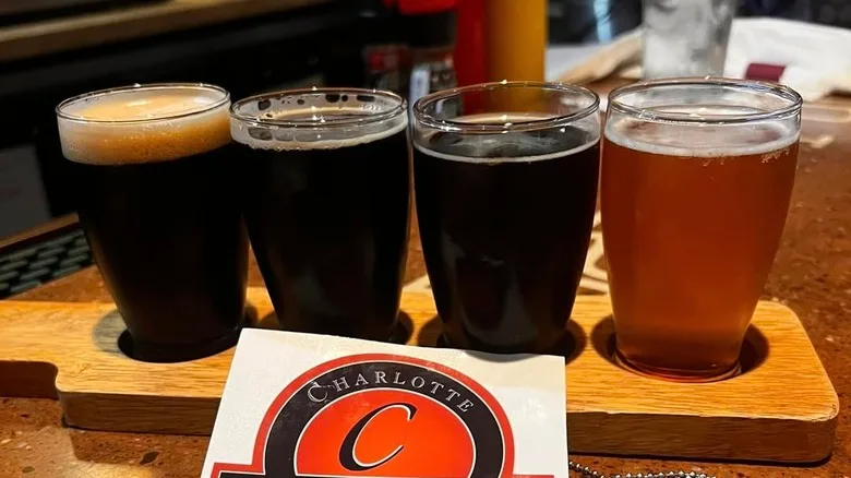 A flight of beers at Charlotte Brewing Company