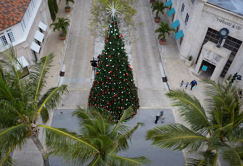 A towering Christmas tree is a mainstay during the holiday season on Worth Avenue.