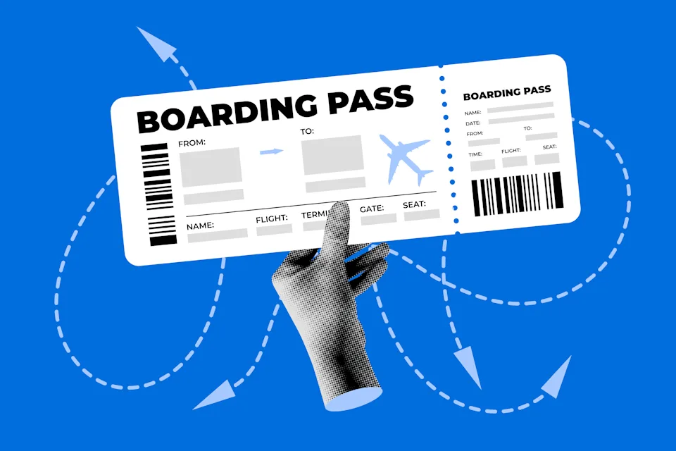 An illustration of a boarding pass, representing a flight itinerary where a traveler may exit at the layover city instead of continuing to the final ticketed destination—a strategy known as skiplagging.