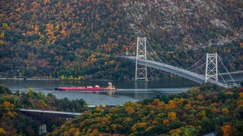 Aerial view of Popolopen and Palisades Parkway with bridge over the Hudson River in upstate New York