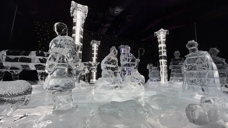 The ice sculpture nativity scene in the ICE! Christmas attraction