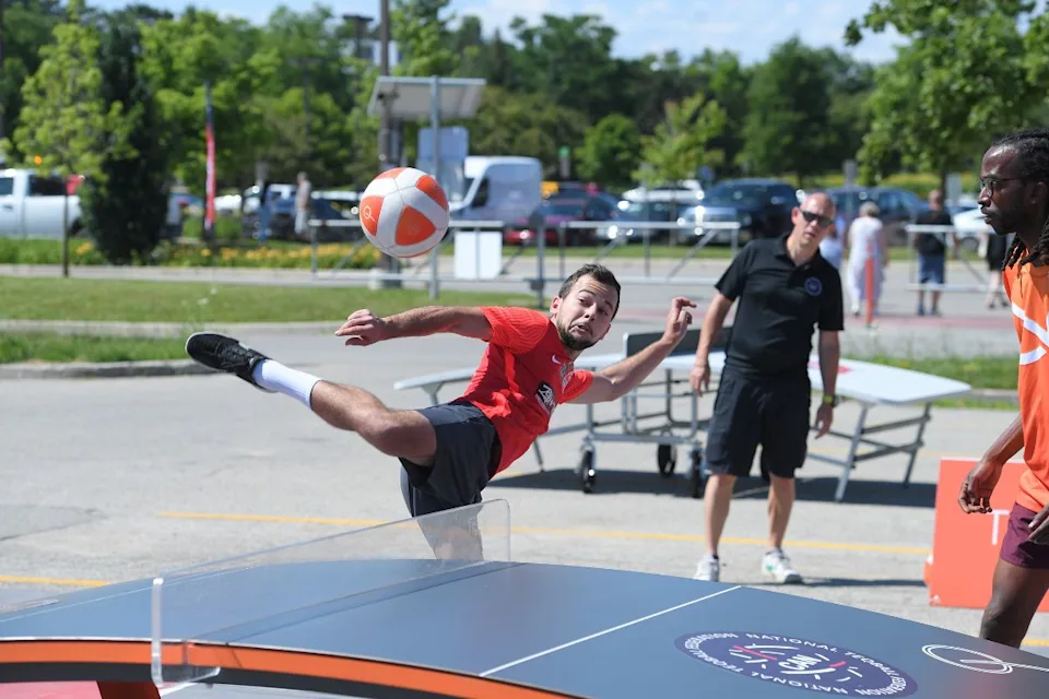 Athletes compete in Teqball at the GOOD Games.