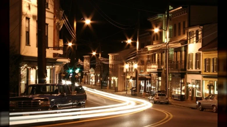 Ellicott City streets sparkle at night