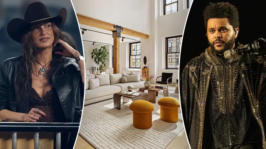 A three-way split of Bella Hadid, the living room and The Weeknd.