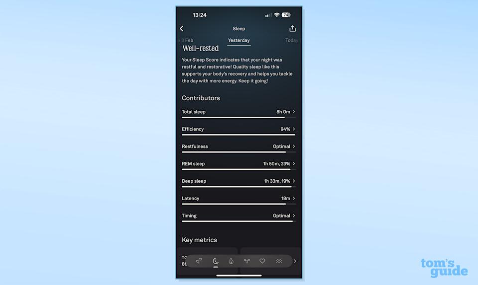 Sleep score dissected on Oura app sleep summary in app against blue background